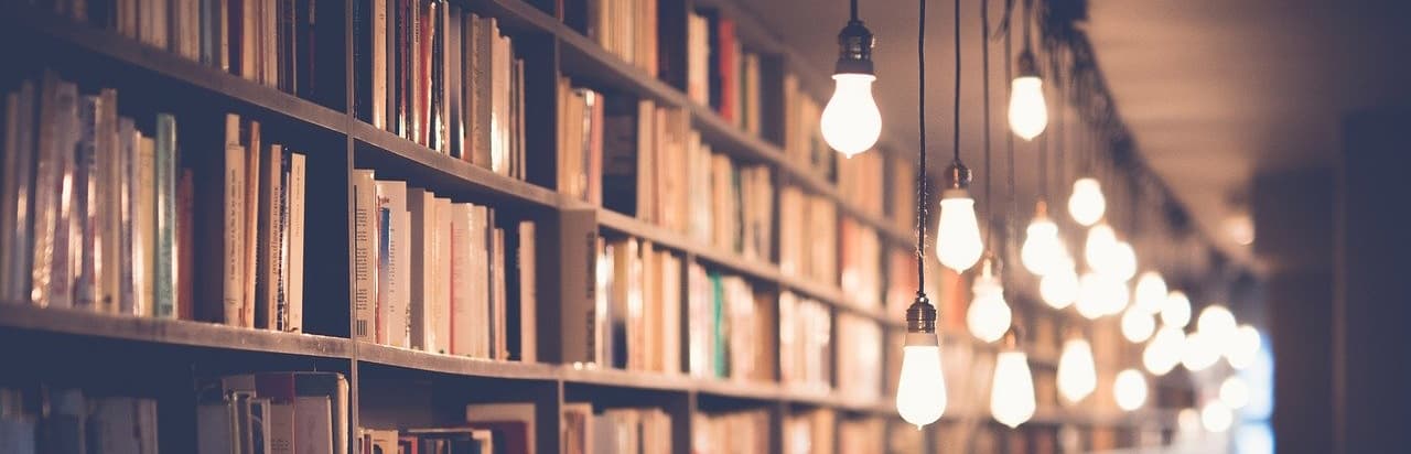 Photograph of bookshop shelves and lightbulbs