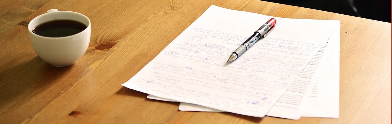 Photograph of pages and red pen